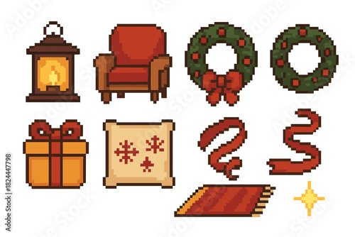 Christmas Icons Pixel Art. Christmas Living Warmth pixel style icon set: glowing lantern, cushioned chair, decorated wreath, gift box shape, winter pillow, ribbon curl, cozy rug