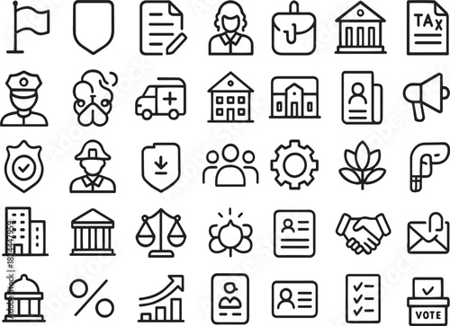 Governmental and legal icons for law, justice, and public services Vector
