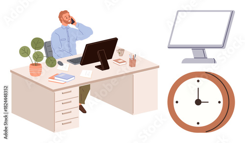 Man multitasking at desk with computer and phone, surrounded by clock and monitor. Ideal for productivity, work-life balance, time management, communication, multitasking, office routine, simple flat
