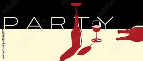 Restaurant banner, drink party poster, nightclub drinking concept, isometric illustration, red and black. Wine bottle, glass, corkscrew. Festival, red wine, white, Chardonnay, Cabernet, drinking