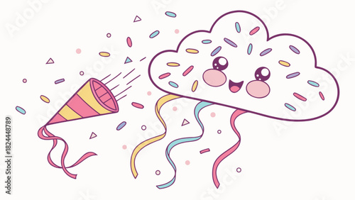 Cartoon cloud with confetti and a party popper creating a festive and celebratory atmosphere filled with joy