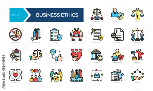 A collection of 24 flatline icons representing ethical principles in business