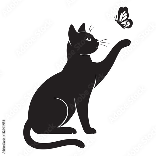 Black cat silhouette reaching for butterfly Keywords: cat, black cat, silhouette, butterfly