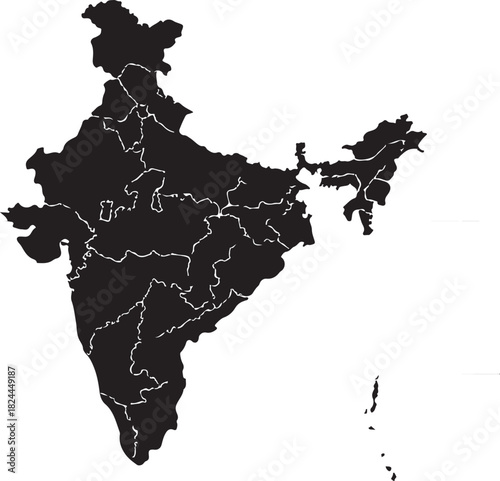 Black Silhouette Map of India with Internal Borders and Islands Keywords: India, map, silhouette, country