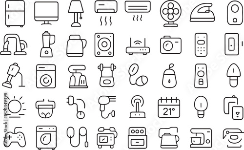 Collection of domestic appliance icons in line art style Vector