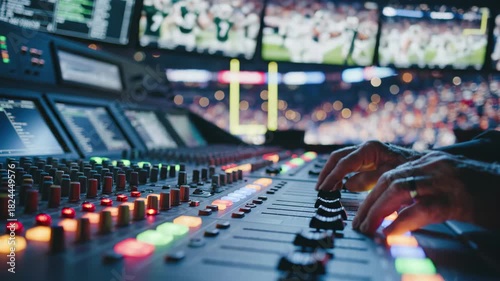 Dynamic broadcast control room with senior engineer mixing audio for live football event