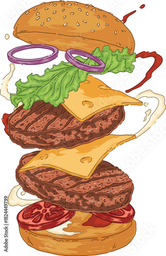 Exploded View Double Cheeseburger Illustration. Dynamic Two Patty Hamburger with Floating Ingredients and Sauce Splash.eps