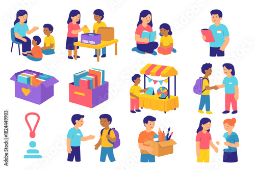Vibrant School Volunteering Icons. School Volunteering flat icon set: student mentoring peers, class organizing donation drive, youth reading to children, student with clipboard