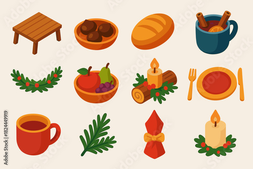 Rustic Yule Feast Icons. Rustic yule feast icons flat icon set: wooden table, roasted chestnuts, bread loaf, spiced wine cup, decorated candle, evergreen garland, bowl of fruit