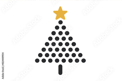 Dotted Christmas Tree Icon. Christmas tree icon composed of evenly spaced black dots forming a triangular shape, crowned with a golden star. This design highlights symmetry and