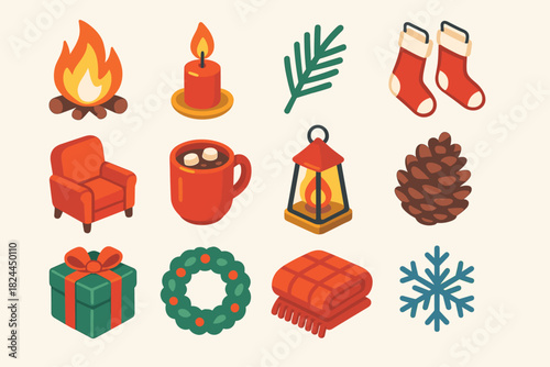 Festive Cozy Icons. Christmas Firelight Glow flat icon set: roaring fire, candle flame, pine sprig, wool stockings, cozy chair, cocoa mug, lantern, pinecone, wrapped gift, wreath