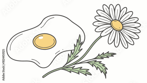 A sunny side up egg with a bright yellow yolk next to a daisy with white petals and green leaves