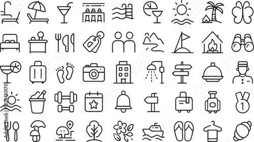 Collection of travel and leisure icons in a grid layout Vector