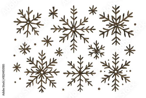 Rustic Hand-drawn Snowflakes. Series of rustic, hand-drawn snowflakes varying in size and design, floating across the composition. The snowflakes' intricate patterns are