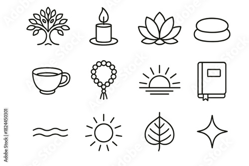 Bodhi Day Icons. Bodhi Day Peaceful Reflection linear icon set: Bodhi tree, candle flame, lotus flower, meditation cushion, tea cup, prayer beads, sunrise, journal, gentle wave