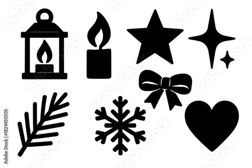 Brutalist Holiday Icons. Holiday lanterns silhouette icon set : lantern, candle flame, star, sparkle, pine twig, ribbon, snowflake, heart