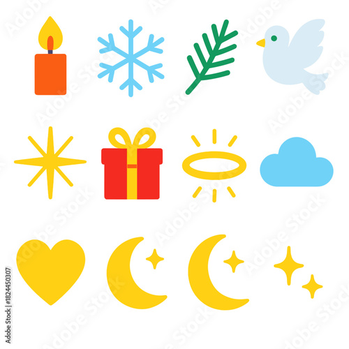 Celestial Icons Collection. Divine Joy flat icon set : candle flame, snowflake, pine branch, dove, radiant star, wrapped gift, halo ring, soft cloud, golden light, heart, moon
