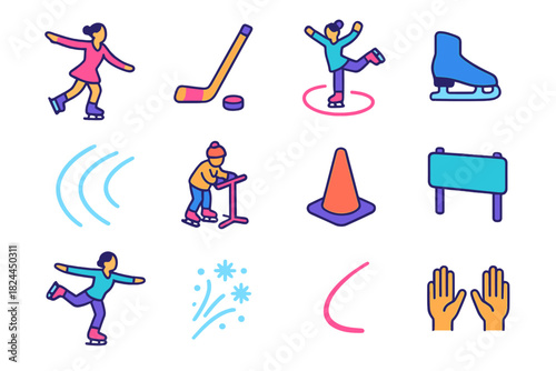 Ice Skating Icons. On the Ice flat icon set: figure skater, hockey stick, spinning move, ice blade, trail marks, child learning, safety cone, rink sign, balance pose, snow spray