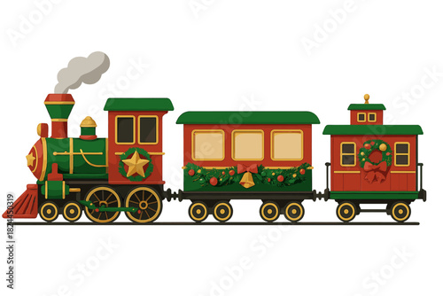 Festive Holiday Train Set. Charming holiday train set includes a locomotive, passenger car, and caboose, each adorned with Christmas motifs such as garlands, bells, and ornaments.