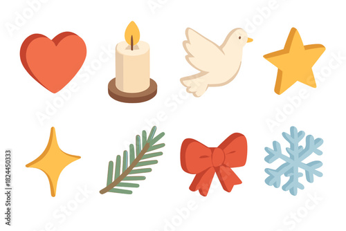 Peaceful Icons Collection. Peace and goodwill flat icon set : heart, candle, dove, star, sparkle, pine branch, ribbon bow, snowflake
