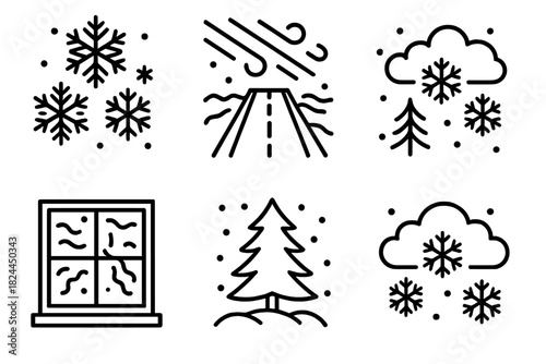 Winter Icon Collection. Winter Storm linear icon set: snowflakes, icy road, cold wind, frosted window, pine tree, snowfall cloud