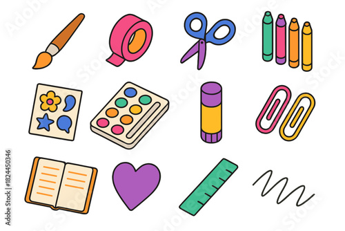 Creative Journaling Icons. Creative Journaling flat icon set: paintbrush, washi tape, scissors, colored pens, stickers, watercolor palette, glue stick, paper clips, open notebook