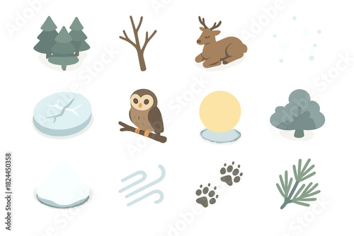Isometric Forest Icons. Silent Forest flat icon set : misty trees, bare branch, resting deer, falling snow, frozen lake, owl on branch, moon glow, snow pile, gentle wind, fox