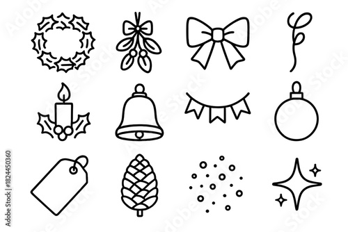 Festive Icon Collection. Festive Arrangements linear icon set: wreath, mistletoe bunch, bow tie, hanging ribbon, candle, bell, garland, ornament, tag label, pinecone, snow dust