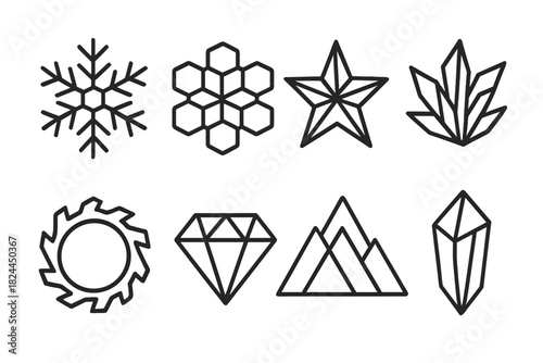 Geometric Winter Icons. Geometric Winter Shapes linear icon set: faceted snowflake, hex pattern, angular star, frozen crystal, circle of frost, diamond shard, layered triangle