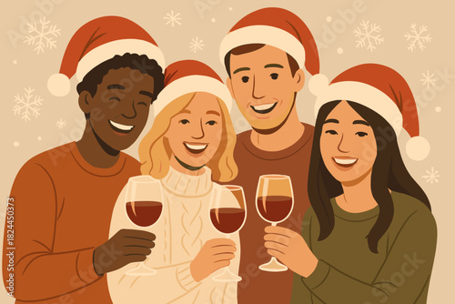 Festive Friends Gathering. Diverse group of friends wearing Santa hats, smiling warmly, and holding glasses of wine. They are gathered closely, creating a sense of unity and