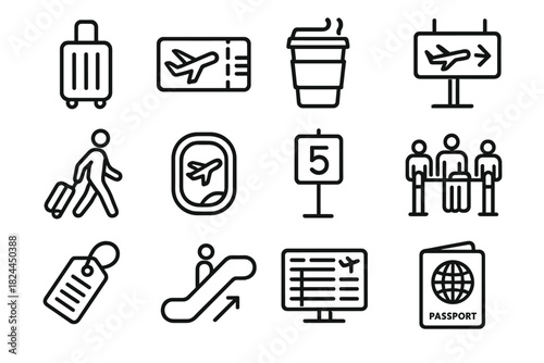 Travel Essentials Outline. Travel Rush linear icon set : rolling suitcase, boarding pass, coffee cup, airport sign, traveler silhouette, plane window, gate number, security line