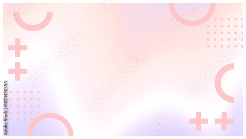 ホログラフィック調パステルなグラデーションのバックに、幾何学シェイプを配置したモダンでスタイリッシュなメンフィス風フレーム背景 (ピンク 紫)