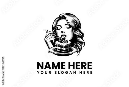 Captivating bold monochrome illustration of a woman enjoying dessert, a striking vector logo illustration for sweet treat brands
