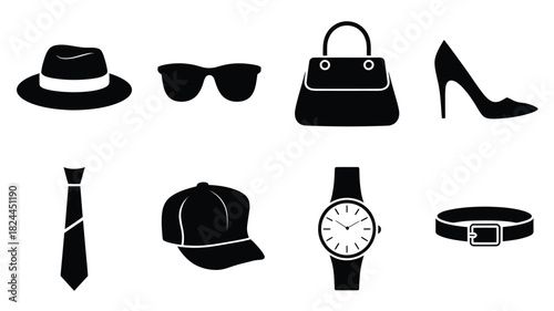 Set of fashion accessories icons simple black glyph vector design isolated on white background