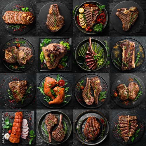 Vászonkép Background of premium steaks and smoked meats, on a black background