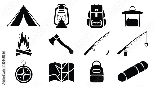 Set of camping and outdoor recreation icons simple black and white glyph vector design perfect for travel and adventure infographics