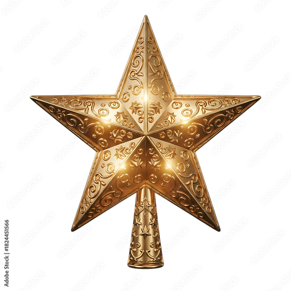 Fototapeta premium Ornate gold star christmas tree topper ornament isolated on transparent background