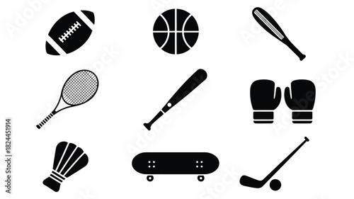 Set of sports equipment icons simple black glyph vector design isolated on a white background
