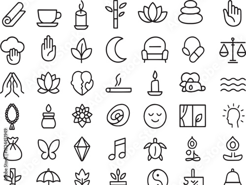 Set of wellness and meditation icons: yoga, lotus, candle, balance, nature Vector
