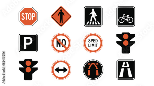 Set of traffic and road signs vector illustration of various warning and regulatory symbols isolated on white background