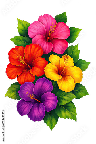 Vibrant Hibiscus Blossom Bouquet: A Kaleidoscope of Tropical Colors | Floral Art, Botanical Beauty, Exotic Blooms, Nature Photography, Colorful Flowers, Hibiscus Varieties, Flower Arrangements, Garden