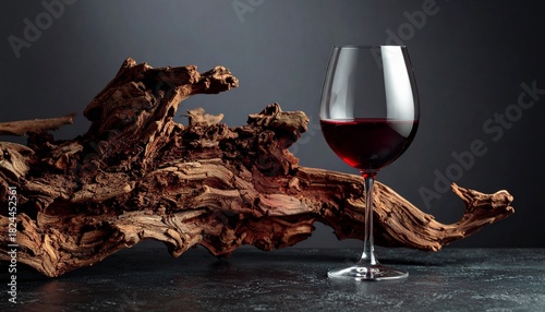Glass of red wine beside twisted grapevine wood on dark textured background, symbolizing viticulture and winemaking.