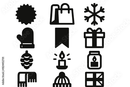 Seasonal Icons Collection. Seasonal Deals silhouette icon set : sale sticker, paper bag, snowflake, mitten, ribbon tag, gift box, pinecone, glowing light, candle jar, scarf, wool