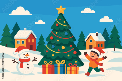 Festive Winter Scene. Clear blue sky serves as a serene backdrop, enhancing the vibrant colors of the scene. The crisp air and bright daylight create a refreshing winter ambiance,