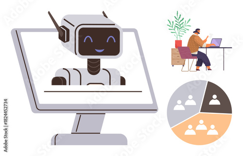Smiling robot on screen, man working remotely at desk, pie chart of team structure. Ideal for AI technology, remote work, teamwork, digital collaboration, automation, innovation simple flat metaphor