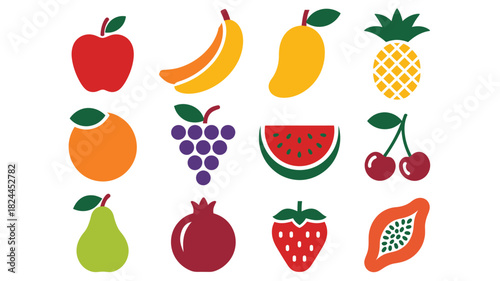 Set of colorful fruit icons simple flat vector design healthy food illustration for web and mobile apps isolated on white background