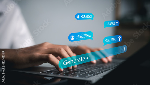 Photos Hands Typing on Laptop with AI Chatbot Messages and Generative AI Interface