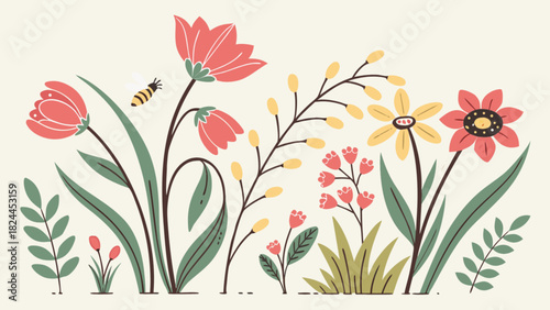 Illustration of a garden with red and yellow flowers and a bee on a cream colored background design