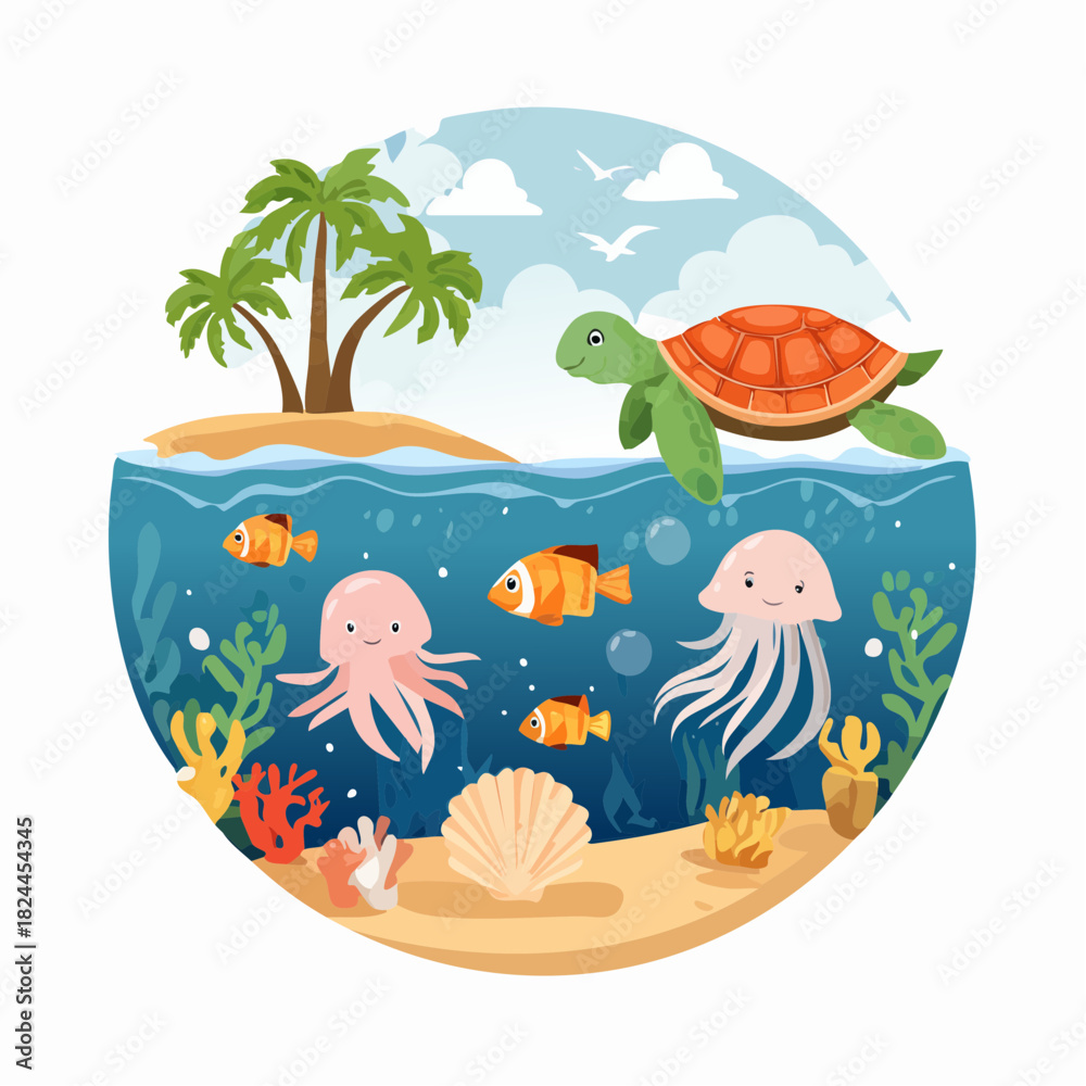 Fototapeta premium Tropical aquarium with colorful fish, sand, and water under the summer sun illustration vector set