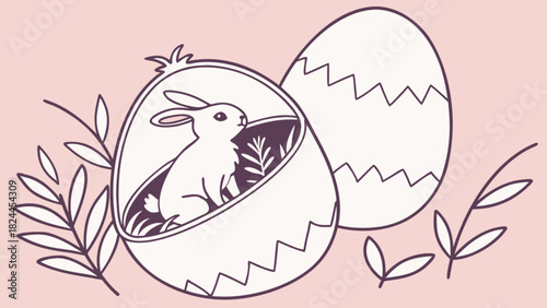 Bunny inside easter egg with fern leaves and another egg on a light pink background illustration
